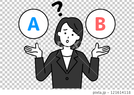 A woman in a black suit wondering between options A and B A woman in a black suit wondering between options A and B 121614118