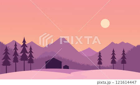 Flat Design Illustration of Mountain Hill Nature Landscape with Pine Trees and Sun in the Morning 121614447