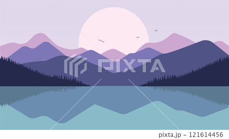 Flat Design Illustration of Mountain Lake Nature Landscape with and Sun in the Morning 121614456