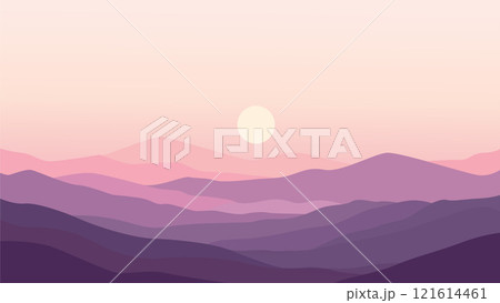 Flat Design Illustration of Mountain Nature Landscape with Sun in the Morning 121614461