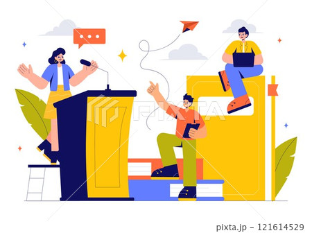 Rhetoric or Elocution School Class Illustration Featuring Hand Gestures, Voice Training, and Speech Improvement for Persuasion Skills Development 121614529