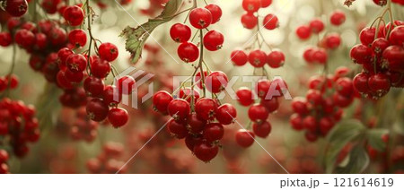Lot red berries hanging from tree branch, flavonoids C vitamin polyphenols antioxidant 121614619