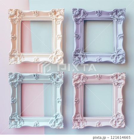 Four empty frames on pink blue background, feminine delicate pastel pretty 121614665