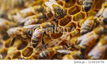 Honey bees apis mellifera on honeycomb in urban beehive, pollination beekeeper beekeeping 121614750