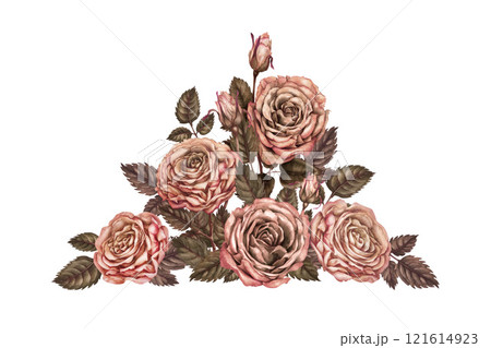 Large bouquet of roses with pink-brown colors, in a fashionable mocha-mousse palette. Botanical template for wedding, Valentine's Day, poster, card, women's card, postcard, textile 121614923
