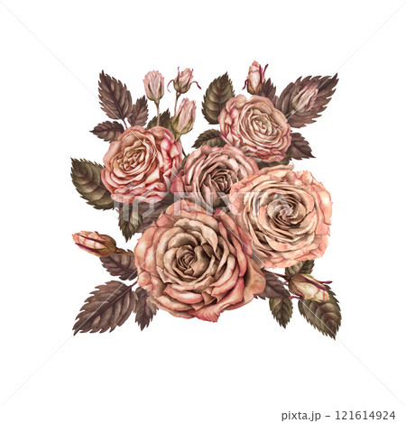 Large bouquet of roses with pink-brown colors, in a fashionable mocha-mousse palette. Botanical template for wedding, Valentine's Day, poster, card, women's card, postcard, textile 121614924
