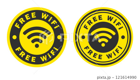 Free Wifi access signal icon wireless symbol connection circle stamp. Web network connect logo sign. Vector illustration image. Isolated on white background. Free Wifi access signal icon wireless symbol connection circle stamp. Web network connect logo sign. Vector illustration image. Isolated on white background. 121614990