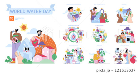 World Water Day illustration pack. Focus on the importance of water conservation and management. Showcases various aspects of water sustainability, including availability, recycling, and ecosystem 121615037