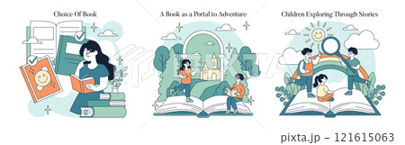 World Book Day set. Celebrating books and their power to inspire, educate, and spark imagination. Choosing books, exploring adventures, and discovering stories through reading. Vector illustration. World Book Day set. Celebrating books and their power to inspire, educate, and spark imagination. Choosing books, exploring adventures, and discovering stories through reading. Vector illustration. 121615063
