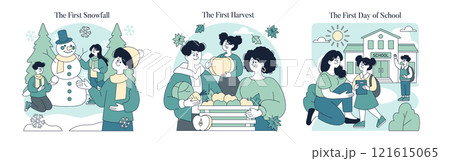 Life Moments set. Capturing the joy of the first snowfall, abundance of the harvest season, and excitement of the first day at school. Seasonal activities and family bonding. Vector illustration. Life Moments set. Capturing the joy of the first snowfall, abundance of the harvest season, and excitement of the first day at school. Seasonal activities and family bonding. Vector illustration. 121615065