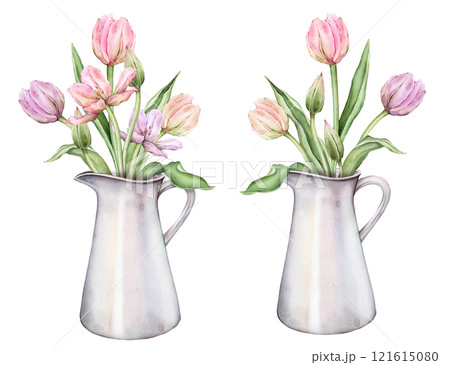 Pastel multi-colored bud bouquet Tulips in metal can watercolor illustration isolated on background. Hand drawn delicate perennial bulbous pink yellow purple flower for spring wedding design or card. 121615080