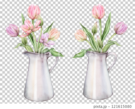 Pastel multi-colored bud bouquet Tulips in metal can watercolor illustration isolated on background. Hand drawn delicate perennial bulbous pink yellow purple flower for spring wedding design or card. 121615080