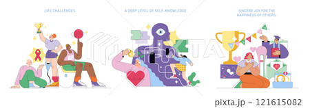 Human values set. Illustrations depict overcoming life challenges, self-awareness journey, and celebrating others' success. Diverse people, personal growth, empathy. Vector illustration. 121615082