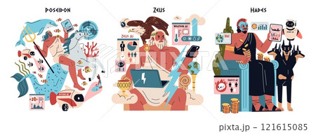 Olympic Gods and AI set. Poseidon, Zeus, and Hades reimagined with modern technology and AI. Mythology meets digital era in a whimsical blend. Vector illustration. 121615085