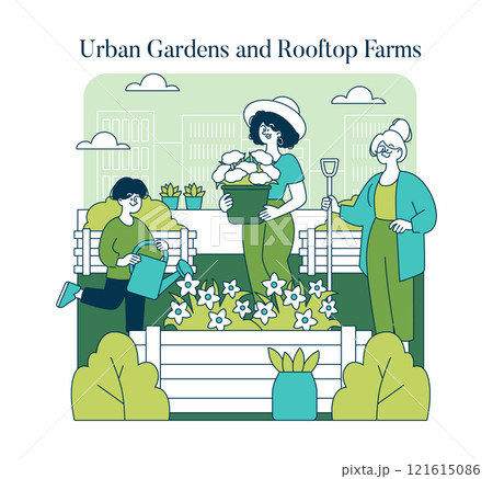 Green Infrastructure concept. Citizens engage in urban gardening with rooftop farms enhancing city sustainability. Green community initiative. Vector illustration. 121615086