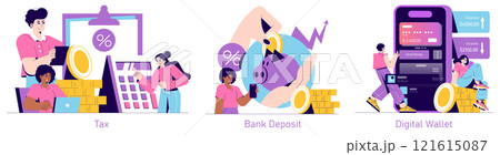 Banking sector set. Tax calculation, savings through bank deposits, and digital wallet management. Personal finance operation scenes. Vector illustration. 121615087