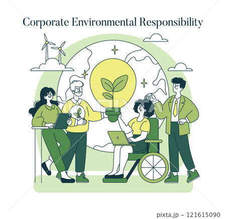 Corporate Environmental Responsibility concept. Team integrating sustainability in business. Renewable energy, green innovation, and ecological engagement. Vector illustration. Corporate Environmental Responsibility concept. Team integrating sustainability in business. Renewable energy, green innovation, and ecological engagement. Vector illustration. 121615090
