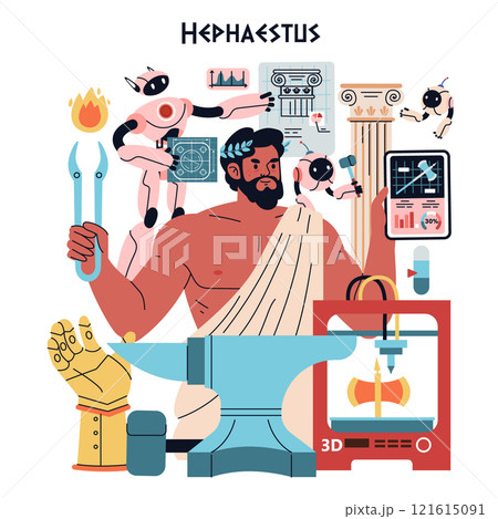 Olympic Gods Synergy AI concept. Hephaestus blending traditional craftsmanship with modern technology. Ancient deity meets futuristic innovation. Vector illustration. 121615091