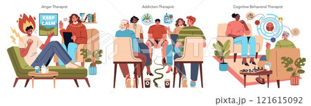 Psychotherapy set. Therapists assist with anger management, addiction recovery, and CBT strategies. Diverse methods for mental health. Vector illustration. Psychotherapy set. Therapists assist with anger management, addiction recovery, and CBT strategies. Diverse methods for mental health. Vector illustration. 121615092