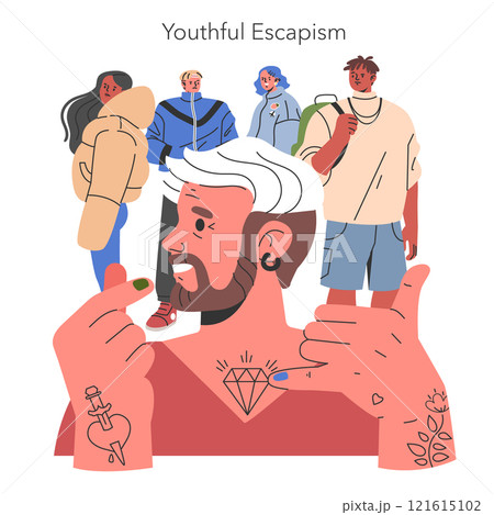 Midlife Crisis concept. Mature man contemplating past, symbols of youth and memories overarching his thoughts. Reflection on life stages. Vector illustration. 121615102