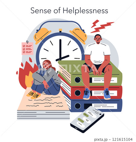 Burnout concept. Individuals overwhelmed by tasks and time pressure. Mental exhaustion, stress, and sense of defeat. Vector illustration. 121615104