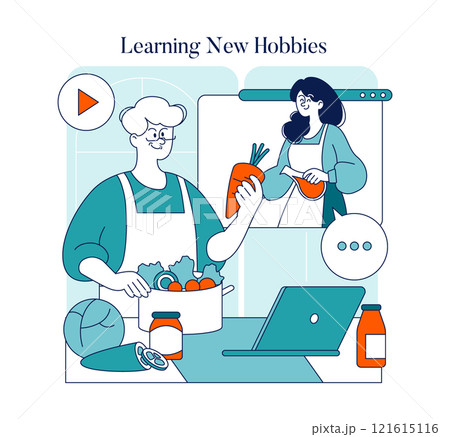 Learning New Hobbies concept. Joyful online cooking class with senior participants showing a digital connection. Elderly engagement, skill development, and social interaction. Vector illustration. Learning New Hobbies concept. Joyful online cooking class with senior participants showing a digital connection. Elderly engagement, skill development, and social interaction. Vector illustration. 121615116