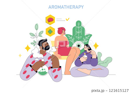 Aromatherapy concept. Multicultural people enjoying the relaxation of essential oils. Wellness and self-care with herbal medicine. Vector illustration. Aromatherapy concept. Multicultural people enjoying the relaxation of essential oils. Wellness and self-care with herbal medicine. Vector illustration. 121615127
