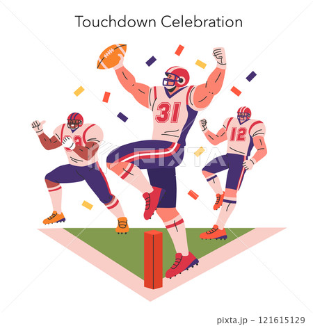 Touchdown celebration concept. Football players revel in the joy of scoring as confetti rains down. Victory and team spirit on the field. Vector illustration. Touchdown celebration concept. Football players revel in the joy of scoring as confetti rains down. Victory and team spirit on the field. Vector illustration. 121615129
