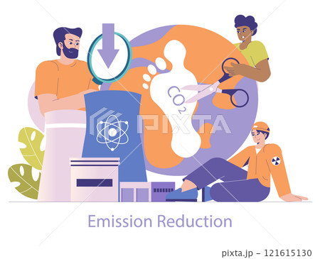 Nuclear power concept. Sustainable energy initiative to cut CO2 emissions with professionals working towards eco-friendly solutions. Vector illustration. 121615130