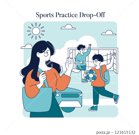 Working Mom Day concept. A mother says goodbye to her child at a soccer practice, showcasing daily life balance. Dual-tone vector illustration. 121615132