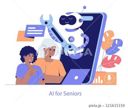 Tech Help Across Generations concept. Elderly and young person engage with AI assistant on device, reflecting intergenerational tech support. Vector illustration. Tech Help Across Generations concept. Elderly and young person engage with AI assistant on device, reflecting intergenerational tech support. Vector illustration. 121615150