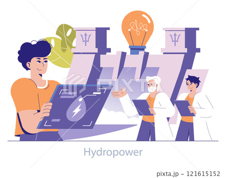 Hydropower concept. Engineers manage sustainable energy production at a hydroelectric plant. Clean power generation, renewable resources. Vector illustration. Hydropower concept. Engineers manage sustainable energy production at a hydroelectric plant. Clean power generation, renewable resources. Vector illustration. 121615152