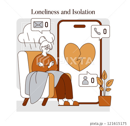 Senior woman facing loneliness with zero messages and calls, highlighting isolation among elderly. Vector illustration. Senior woman facing loneliness with zero messages and calls, highlighting isolation among elderly. Vector illustration. 121615175