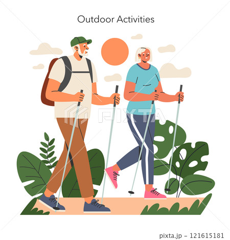 Senior couple hiking together showcasing active lifestyle and companionship against loneliness in retirement. Vector illustration. 121615181