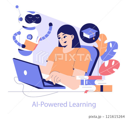 Edtech concept. An illustration capturing the interaction between a student using a laptop and a friendly AI robot assisting with education. Tech-infused learning experience. Vector illustration. 121615264