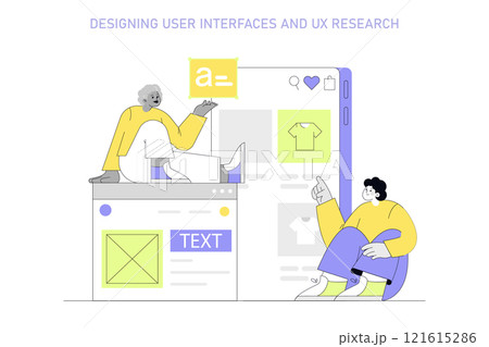 Women in Technology concept. Designers collaborate on a user interface project, demonstrating UX research and creative process. Vector illustration. Women in Technology concept. Designers collaborate on a user interface project, demonstrating UX research and creative process. Vector illustration. 121615286