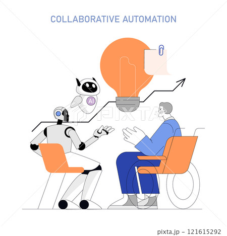 Business Process Automation concept. A robot with AI interacts with a human, suggesting collaborative work and innovation. Vector illustration. Business Process Automation concept. A robot with AI interacts with a human, suggesting collaborative work and innovation. Vector illustration. 121615292