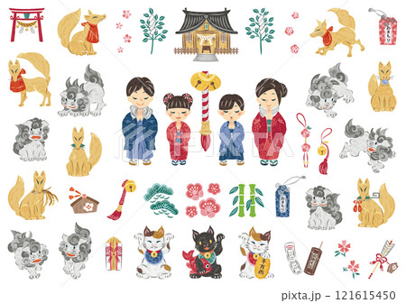 1月 正月 神社へ初詣に行く家族 狛犬 お稲荷さん イラストセット 1月 正月 神社へ初詣に行く家族 狛犬 お稲荷さん イラストセット 121615450