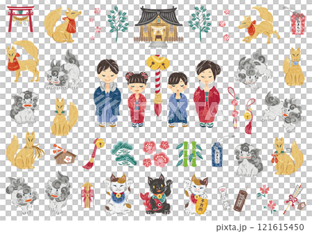 1月 正月 神社へ初詣に行く家族 狛犬 お稲荷さん イラストセット 1月 正月 神社へ初詣に行く家族 狛犬 お稲荷さん イラストセット 121615450