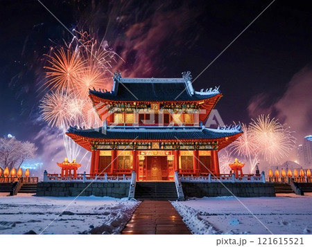 中国の伝統建築物と花火-2 121615521