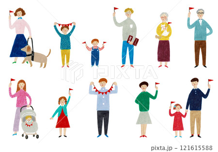 手描きイラスト　人々　旗を振る人物のセット 121615588