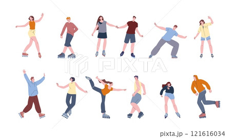 Roller skaters. Retro sporty men women on roller skate, hobby or workout. Enjoying active characters, young people free time, kicky vector set Roller skaters. Retro sporty men women on roller skate, hobby or workout. Enjoying active characters, young people free time, kicky vector set 121616034