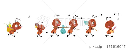 Funny working ants characters. Cartoon ant walk one after another and carry different objects. Work group process, insects work to music, vector isolated scene Funny working ants characters. Cartoon ant walk one after another and carry different objects. Work group process, insects work to music, vector isolated scene 121616045