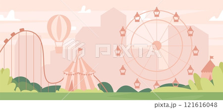Amusement park background. City garden with carousel, ferris wheel and circus tent. Resting walking place for adult and children in town, urban vector landscape 121616048