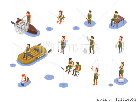 Isometric fishermen characters. Boys girls fishing with rods and nets from wooden or rubber boats. Male female outdoor hobby, flawless vector set 121616053