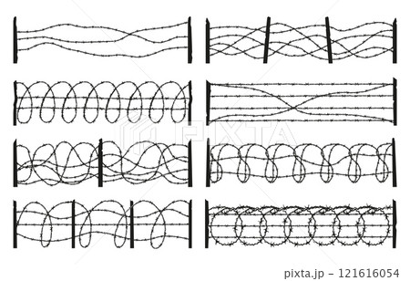 Barbed wire fences. Black fence barbwire silhouettes. Trench war, fencing for house, close area, prison or military facility. Simple style neoteric vector set 121616054