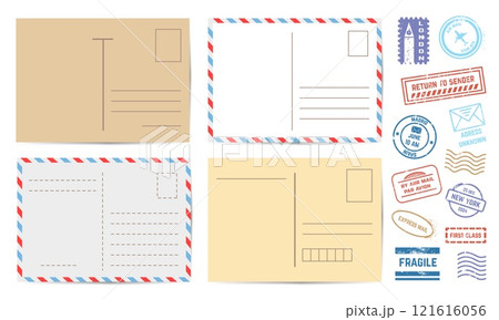 Postcards with stamps. Blank retro and modern cards design with different grunge style postage stamp. Departure arrival insignia, neoteric vector set 121616056