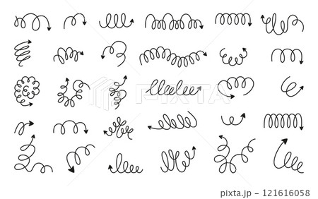 Doodle spiral arrows. Flexible springs, hand drawn direction symbols. Black metal coils ending arrow. Isolated swirl lines and strokes, neoteric vector set 121616058