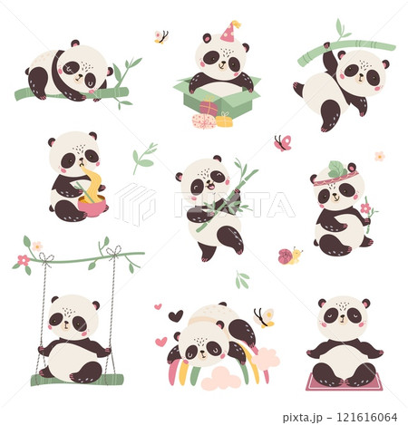 Funny pandas. Cartoon panda eating, sleeping, resting. Asian exotic animal dreaming and holding bamboo. Children birthday mascot, nowaday vector set 121616064