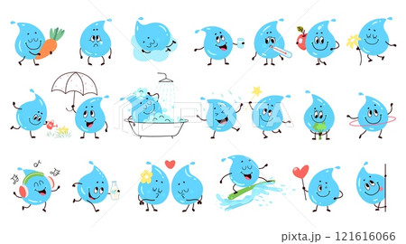 Funny water drops. Emotional stickers or childish mascots. Cartoon positive liquid characters drinking eating resting training, nowaday vector clipart Funny water drops. Emotional stickers or childish mascots. Cartoon positive liquid characters drinking eating resting training, nowaday vector clipart 121616066
